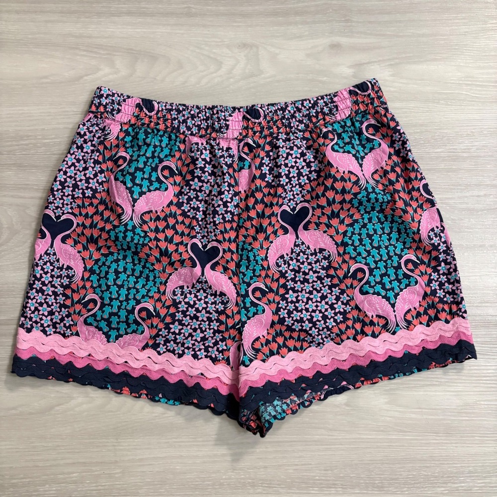Simply Southern Short Women Flamingo Lilly Style Scalloped Trim Pink Blue L